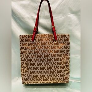 Michael Kors - Signature MK Monogram Brown&Khaki/Red Leather Straps Tote Bag